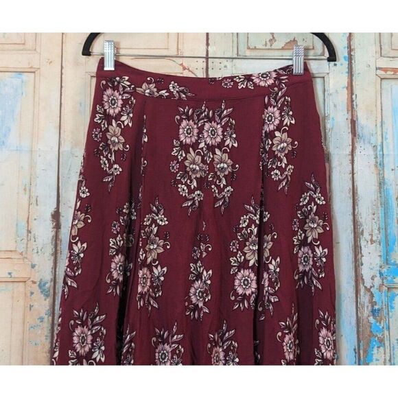 One The Land Womens Size Medium Maroon Rayon Floral Pleated Maxi Skirt - Picture 4 of 10